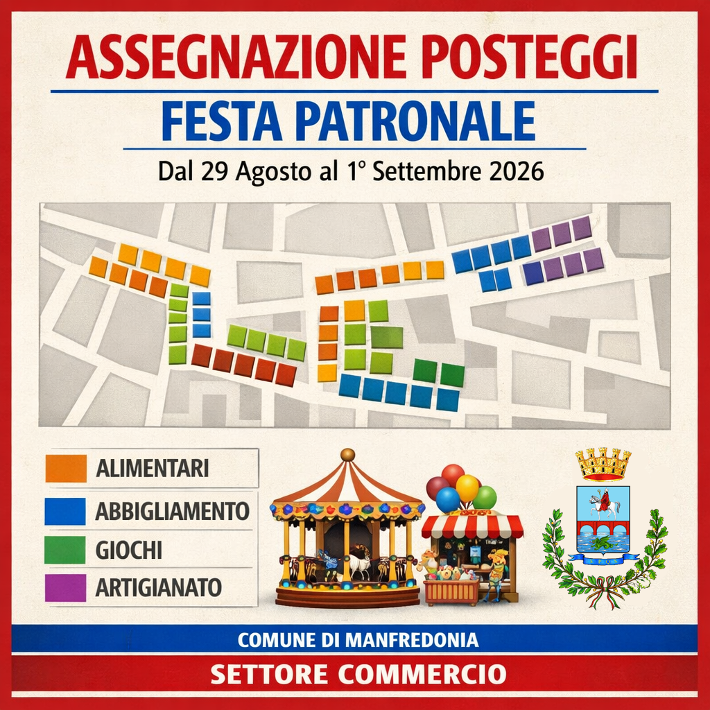 Assegnazione posteggi per attivit� di commercio in occasione della festa patronale dal 29 agosto al 1� settembre 2026.