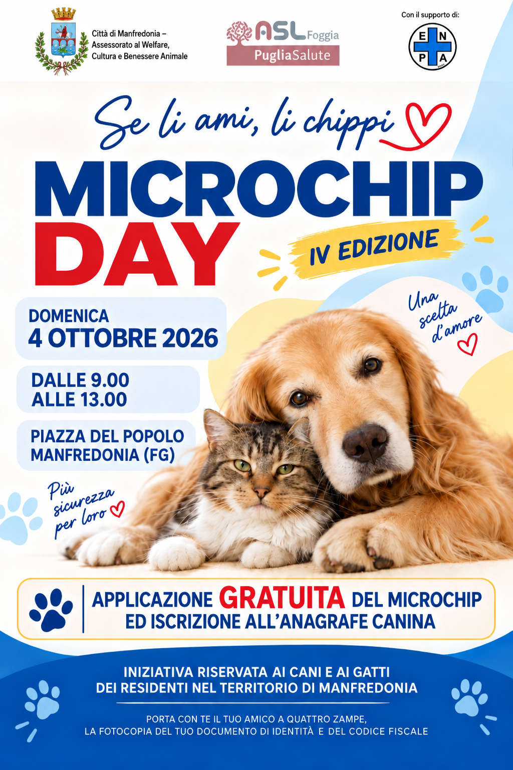 MICROCHIP DAY, il 4 Ottobre torna �SE LI AMI, LI CHIPPI�: l\'iniziativa dell\'Amministrazione Comunale per prendersi cura dei nostri amici a quattro zampe