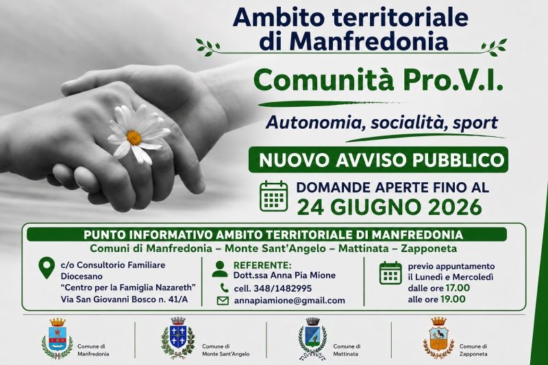 Ambito Territoriale di Manfredonia �Comunit� PRO.V.I. Autonomia, socialit�, sport�. Nuovo Avviso Pubblico