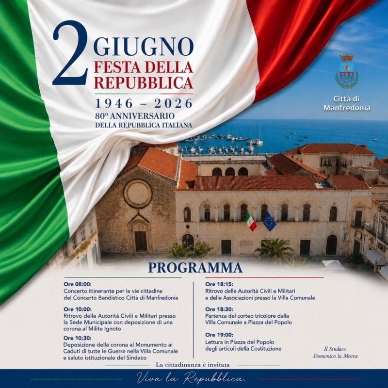 80� Anniversario della Repubblica Italiana: il programma delle celebrazioni a Manfredonia