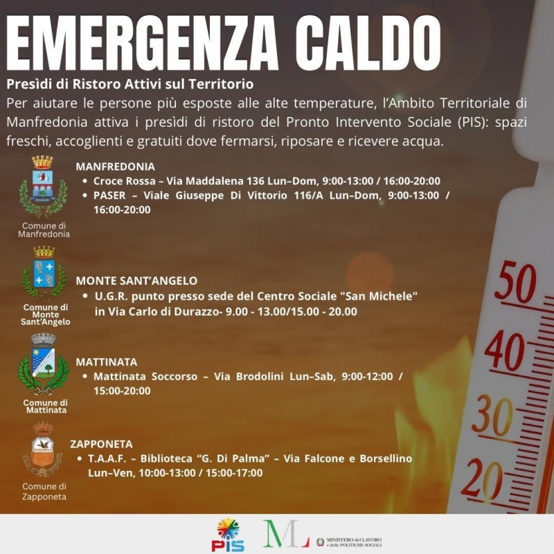 EMERGENZA CALDO: attivi i presidi di ristoro del PIS