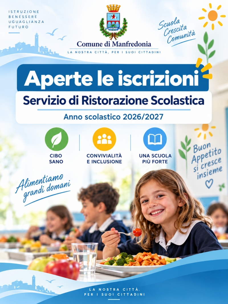 Aperte le iscrizioni al servizio di Ristorazione Scolastica per l�anno scolastico 2026/2027, a favore degli alunni della Scuola dell�Infanzia Statale